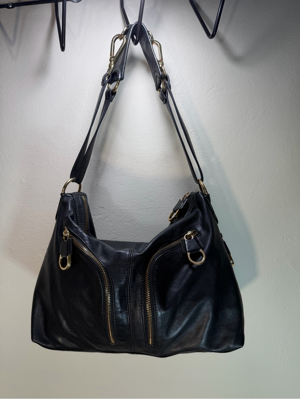 Ted Baker London Zips Black Leather Shoulder Bag with Gold Hardware